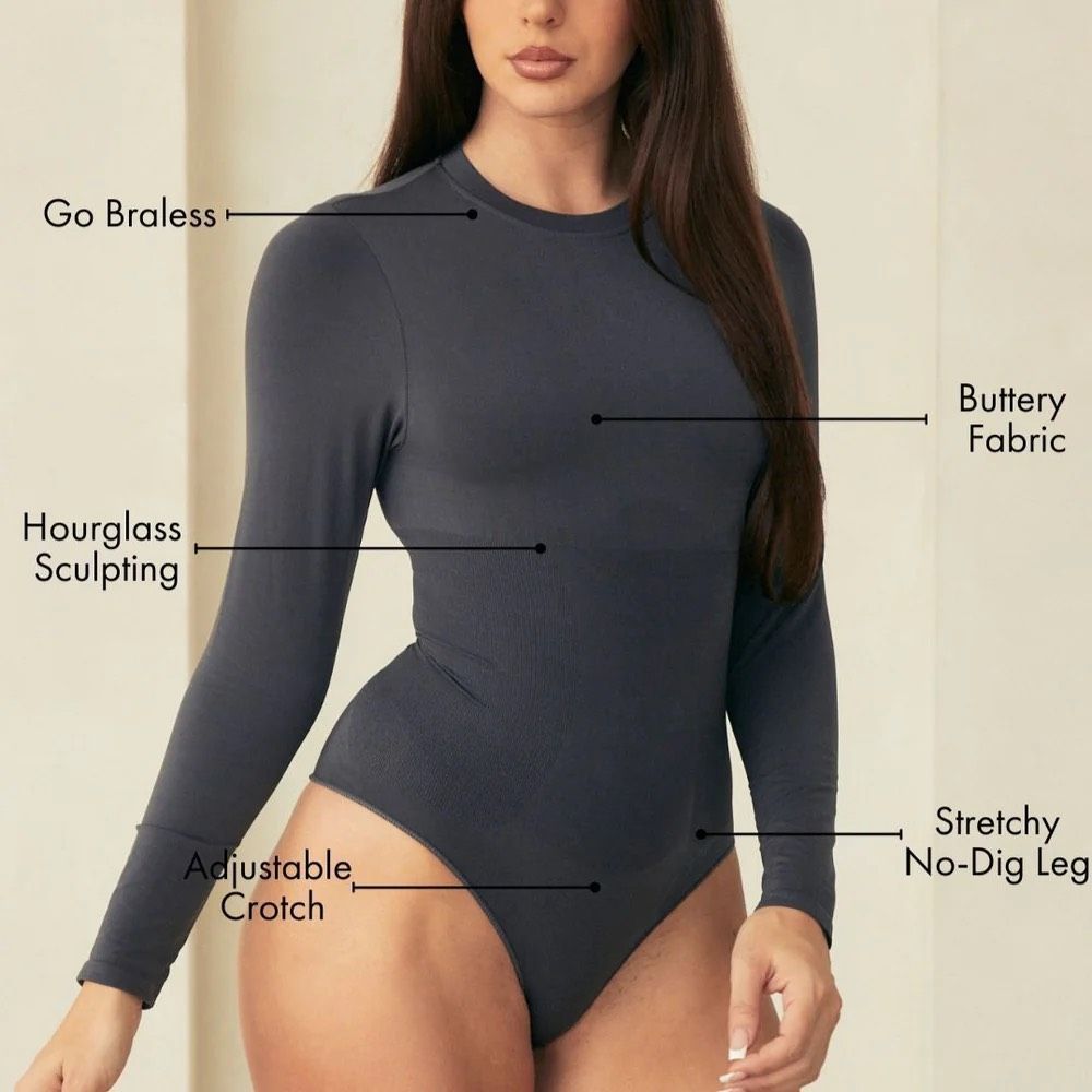 New Pinsy Long Sleeve Butter Sculpt™ Seamless Shapewear Bodysuit Grey - Picture 4 of 10